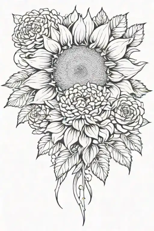 large sunflower surrounded by roses and chrysanthemums flower tattoo design idea