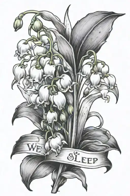 a tattoo of a lily of the valley with the text "We only wake up when we sleep" tattoo design idea