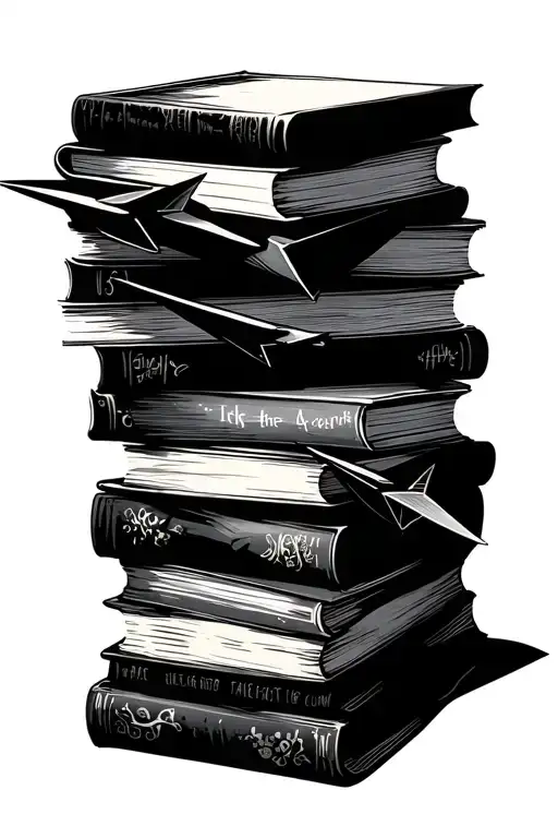 Book Stack with 9 paper planes tattoo design idea