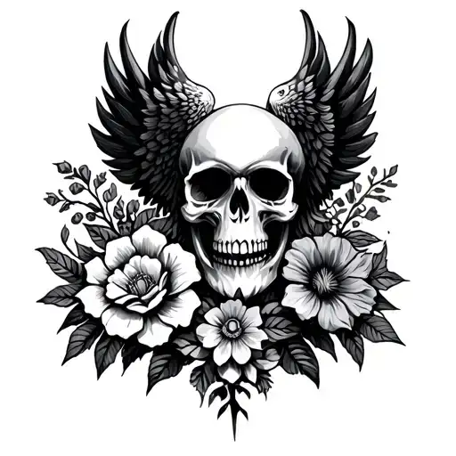 skull, flowers, phoenix,symbol of rebirth, tattoo design idea