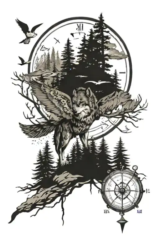 pineforest landscape wolf compass owl flying tattoo design idea