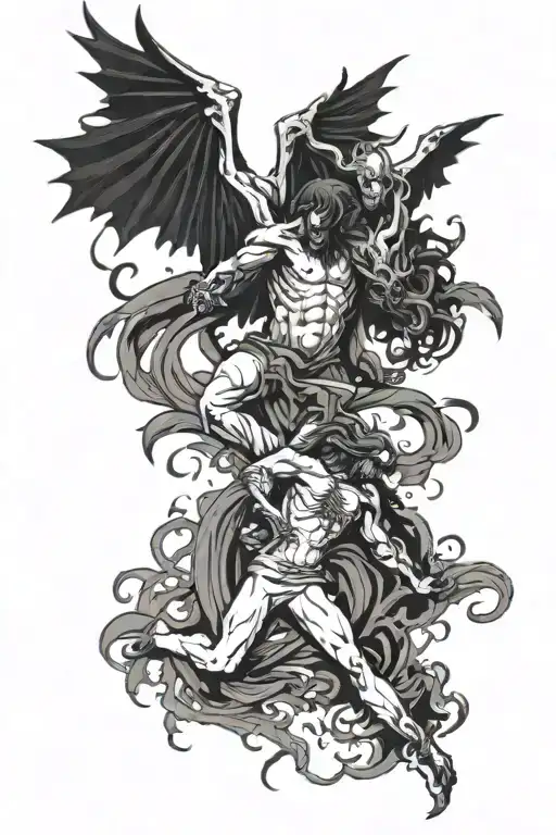 demon and angel falling tattoo design idea