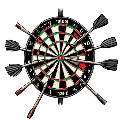 “A clean, high-contrast black and grey illustration of three darts grouped tightly in the centre of a dartboard. Realist tattoo design idea