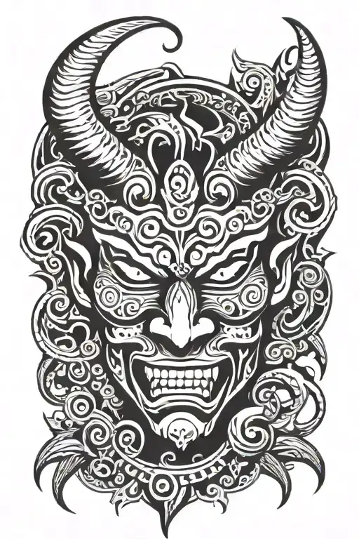 Mask of an evil demon They are in the center of the image, clouds on the top and waves below, more aggression and fear tattoo design idea