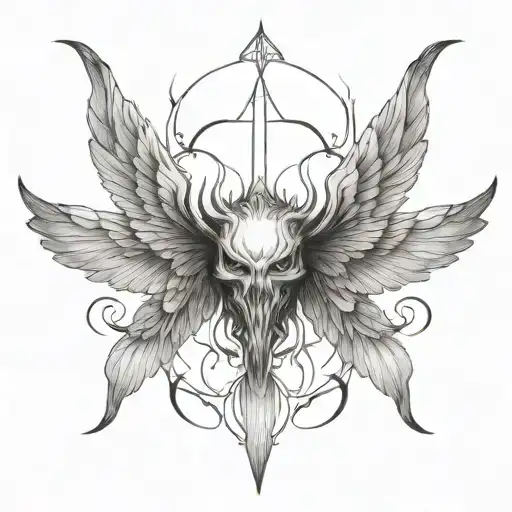 seraphim, 6 large burnt wings, demon eye in the centre, gothic tattoo design idea