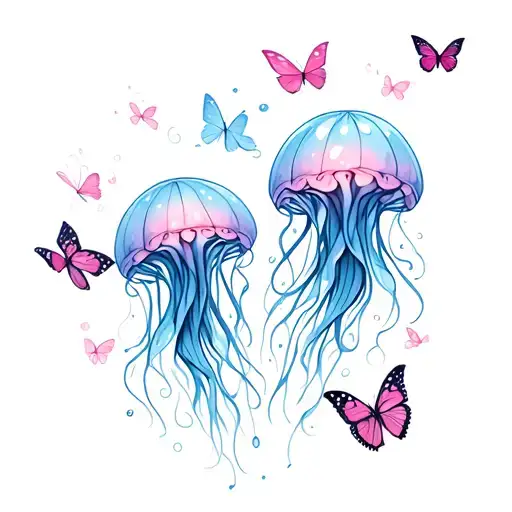 blue jellyfish and pink butterflies fluttering tattoo design idea