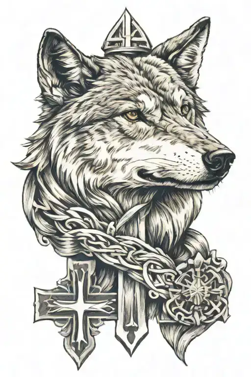 religious cross and wolf head tattoo design idea