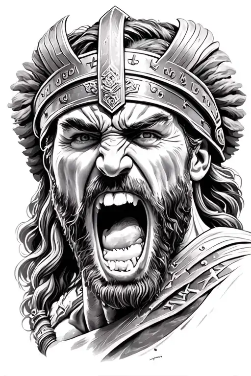 Greek warrior shouting of anger tattoo design idea