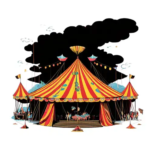 “A surreal, futuristic circus scene where music and sound come to life. A massive vintage circus tent sits at the center tattoo design idea