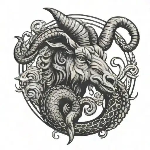 goat, fish and snake coiled tattoo design idea