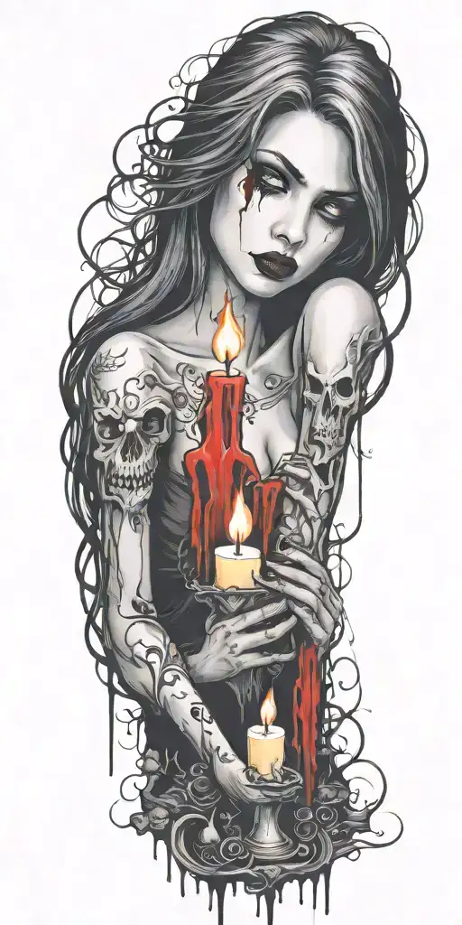 multiple vampire blood women candle burning cemetary tattoo design idea