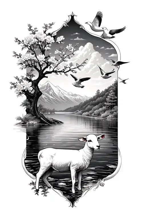 I want a river with a lamb, doves flying, a dogwood tree, and a mountain range in the background all of it surrounded by tattoo design idea