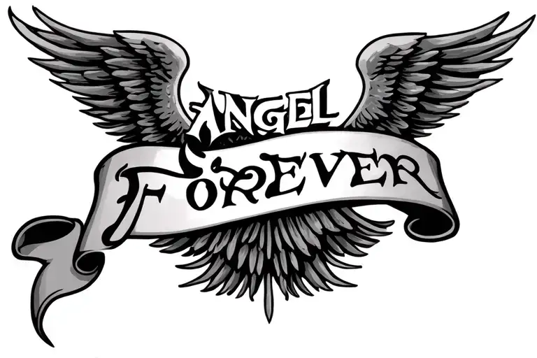 "Angel Forever" curved scroll ribbon tattoo design idea