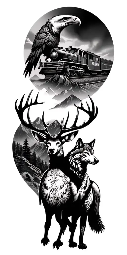 "Train going through mountain" train deer eagle wolf standing tattoo design idea