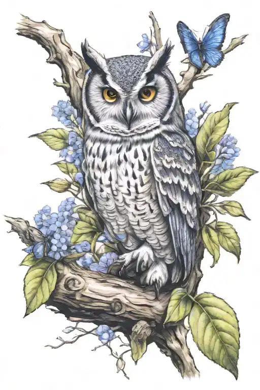 owl in the hollow of a tree, with bluebells tattoo design idea