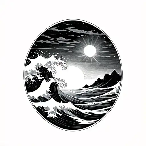 A delicate elegant. and minimalistic Black & white  tattoo design featuring a wave gently in a setting sun. A tiny kiss  tattoo design idea