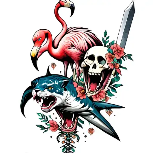A leg sleeve tattoo. Traditional style. Main pieces are flamingo, panther, dagger, skeleton, shark and are all in color. tattoo design idea