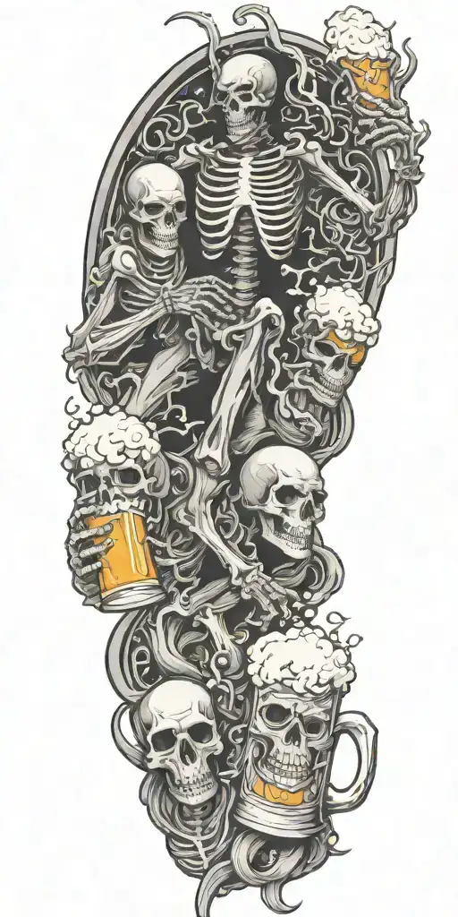 beer and skeletons and demons fighting tattoo design idea
