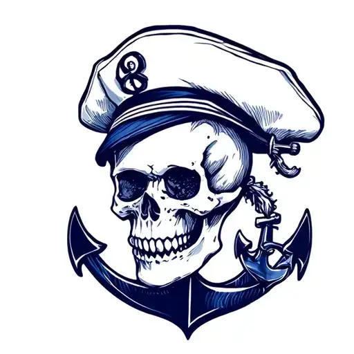 skull with sailor hat and navy anchor  tattoo design idea