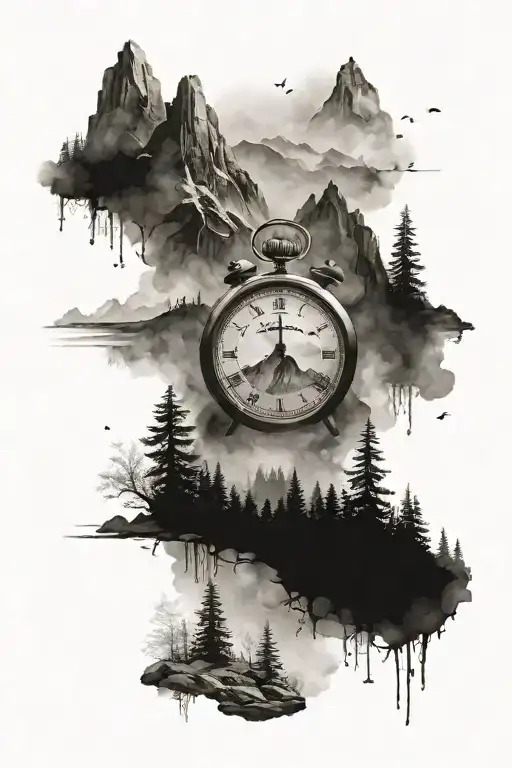 mountain peak surrounded by fog with small clocks in the landscape  tattoo design idea