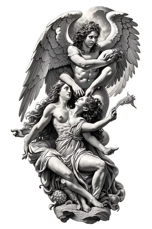 heaven vs hell theme with angels and demons fighting tattoo design idea
