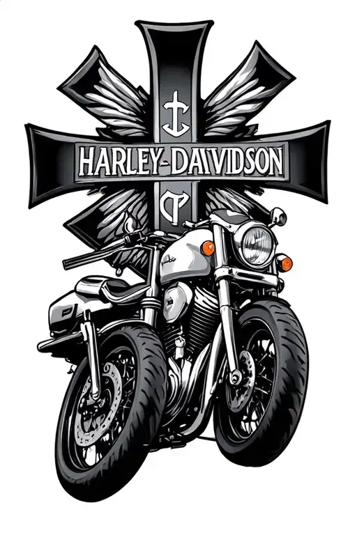 cross and Harley Davidson motorcycle tattoo design idea