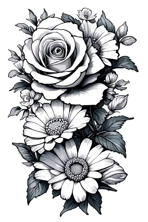 lilo & stitch, rose, carnation flower, violet flower, violet, daisy, lily, marigold, narcissus tattoo design idea