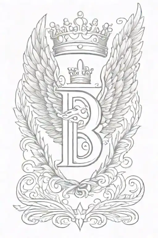 Single angel wing and crown with letter B tattoo design idea