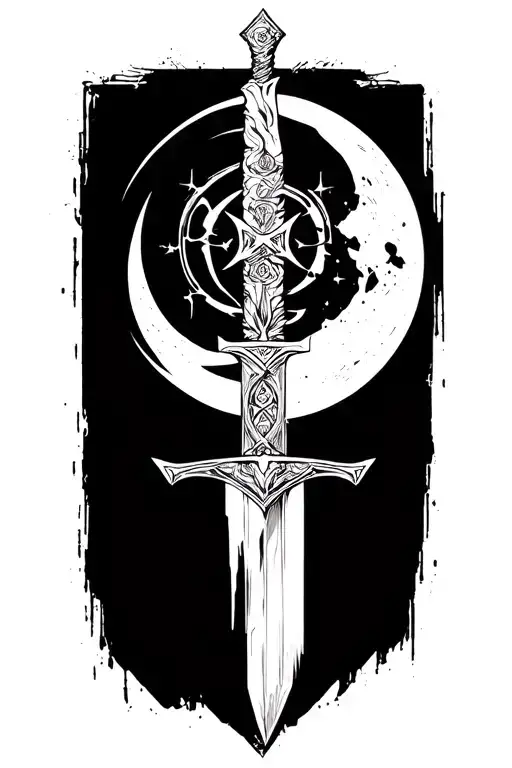 lilith symbol with sword and moon cyber sigilism just lines tattoo design idea