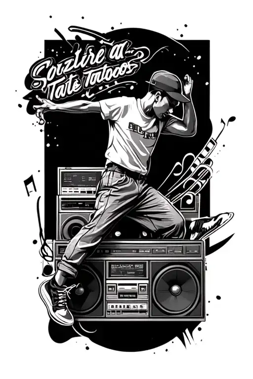 half sleeve tattoo with boombox and funky bboy dancer and music concept with contrast and realism tattoo design idea