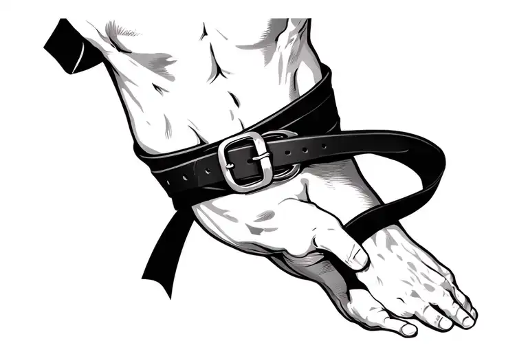 The design of a black belt tattoo wrapping around the knee. The belt should look bold and dynamic, with barely noticeable lines tattoo design idea