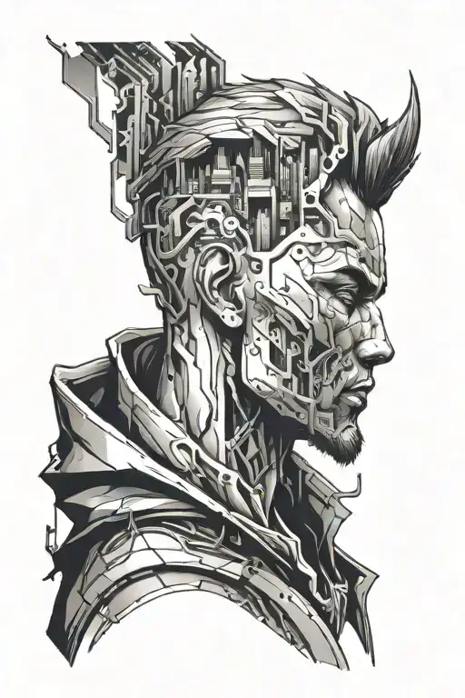 Man bust filled with city skyline making veins, all in cyberpunk dystopian vibe. Cyberpunk and IT motives tattoo design idea