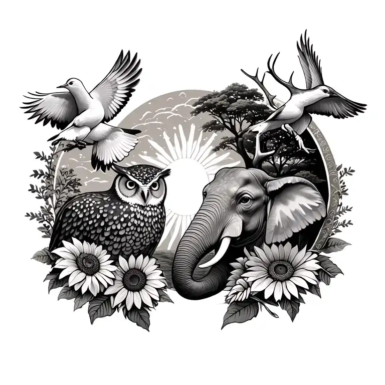 Doves ,Cross ,Owls, elephant, deer,Sun Flowers , trees tattoo design idea