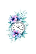  11:11 on clock with hibiscus flowers surrounding  tattoo design idea