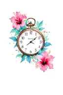  11:11 on clock with hibiscus flowers surrounding  tattoo design idea