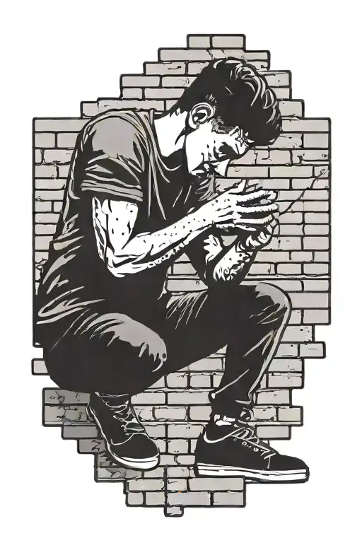 brick wall in a subway with a neon sign that reads "all you need is love" with a man praying to the sign from below tattoo design idea