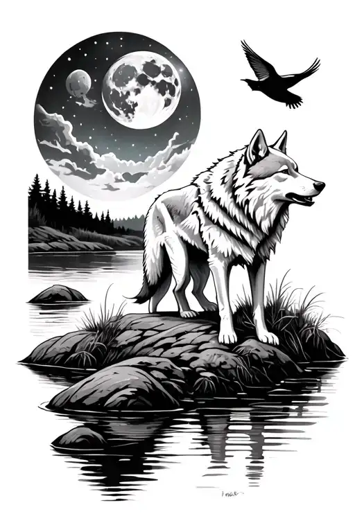 White Wolf overlooking a stream in the moonlight. There is a female wolf howling at the moon and a small bird flying. tattoo design idea