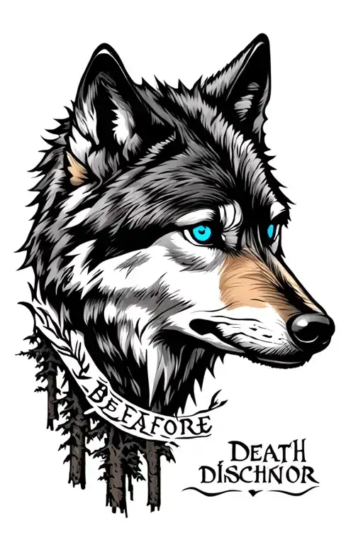 Wolf with blue eyes with Death before dishonor words over woods tattoo design idea