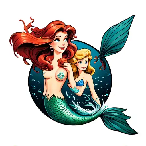 Collage tattoo of The Little Mermaid cartoon characters with Ariel as the central focus tattoo design idea