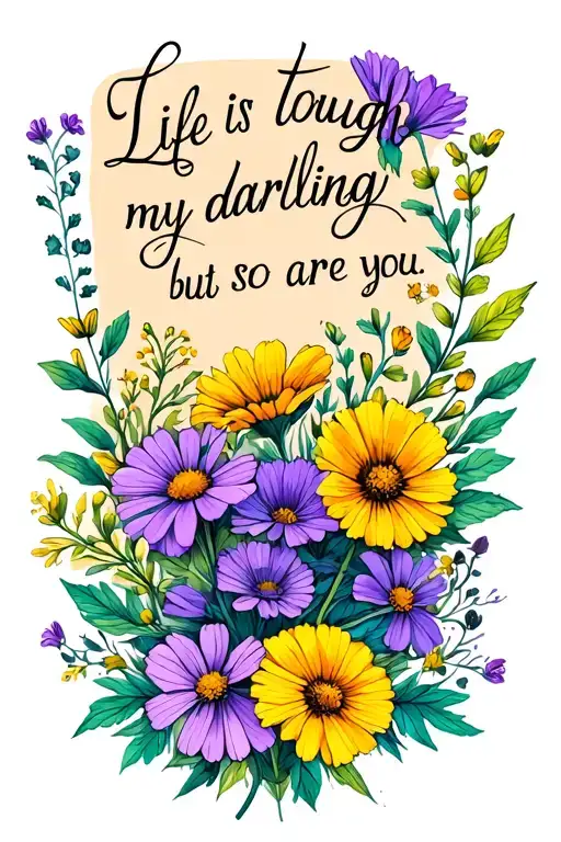wildflowers with the quote "Life is tough my darling, but so are you" tattoo design idea