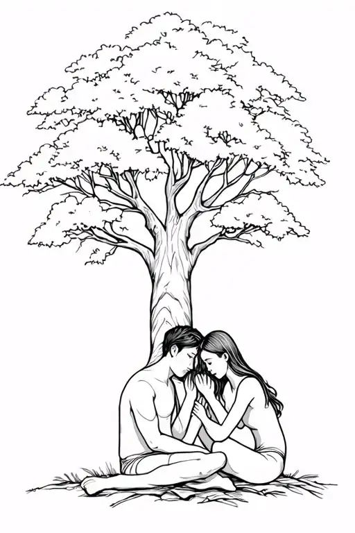 Elder Brother playing With His Little Sister sitting under the tree tattoo design idea