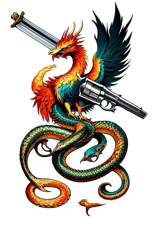 Phoenix, snake, sorround sword, 2 Smith and Wesson revolvers tattoo design idea