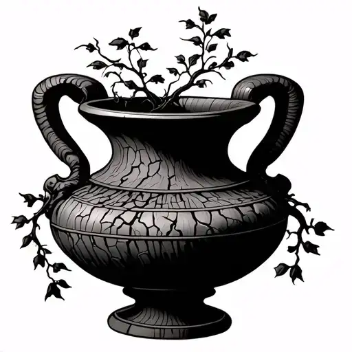 Minimalist cracked Greek vase with vines and roots growing out, detailed fine lines and soft shading in black and gray. tattoo design idea