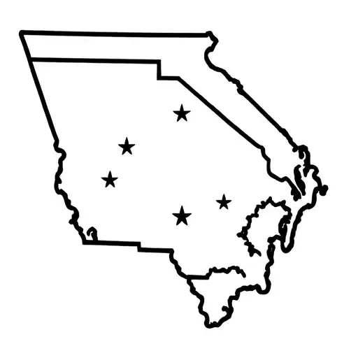 Outline of state of Georgia state map with small stars showing Atlanta, Snellville, and Athens tattoo design idea