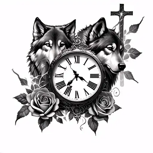 wolves, lightning, clocks with roman numerals, roses, crosses tattoo design idea