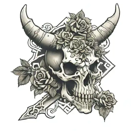 Horse Skull and Roses with crossed axes visible  tattoo design idea