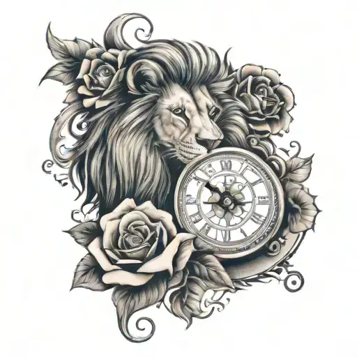 one sleeve tattoo design with lion, roses,clock, compass, poker cards and background with hand-drawn filigree. tattoo design idea