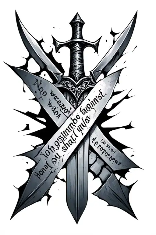 Shattered sword with saying "no weapon fashioned against you shall prosper" tattoo design idea