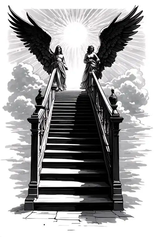 stairway to heaven walking up stairs angels sun rays clouds heaven gate at the top of the stairs  tattoo design idea