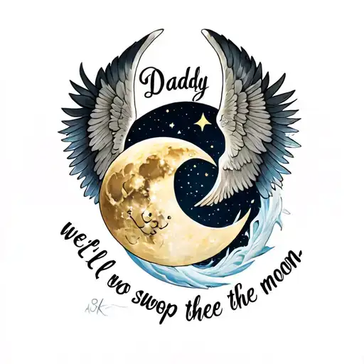 "Daddy we’ll swoop the moon" angel wings and moon merging together tattoo design idea